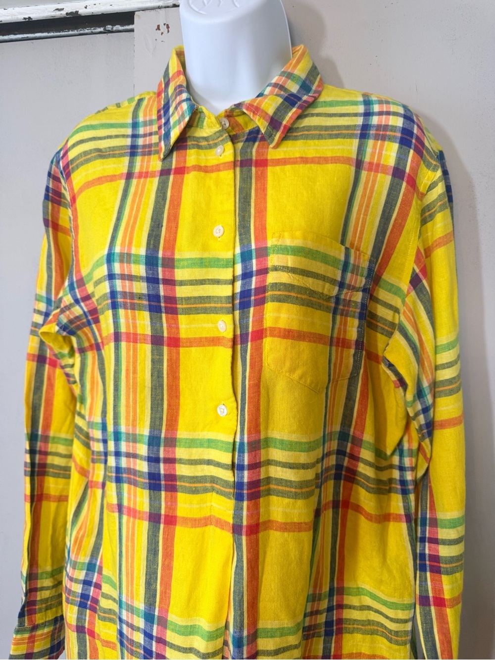 Ralph Lauren 100% Bright Yellow Multi-Color Plaid Button-Down Shirt - Picture 2 of 5